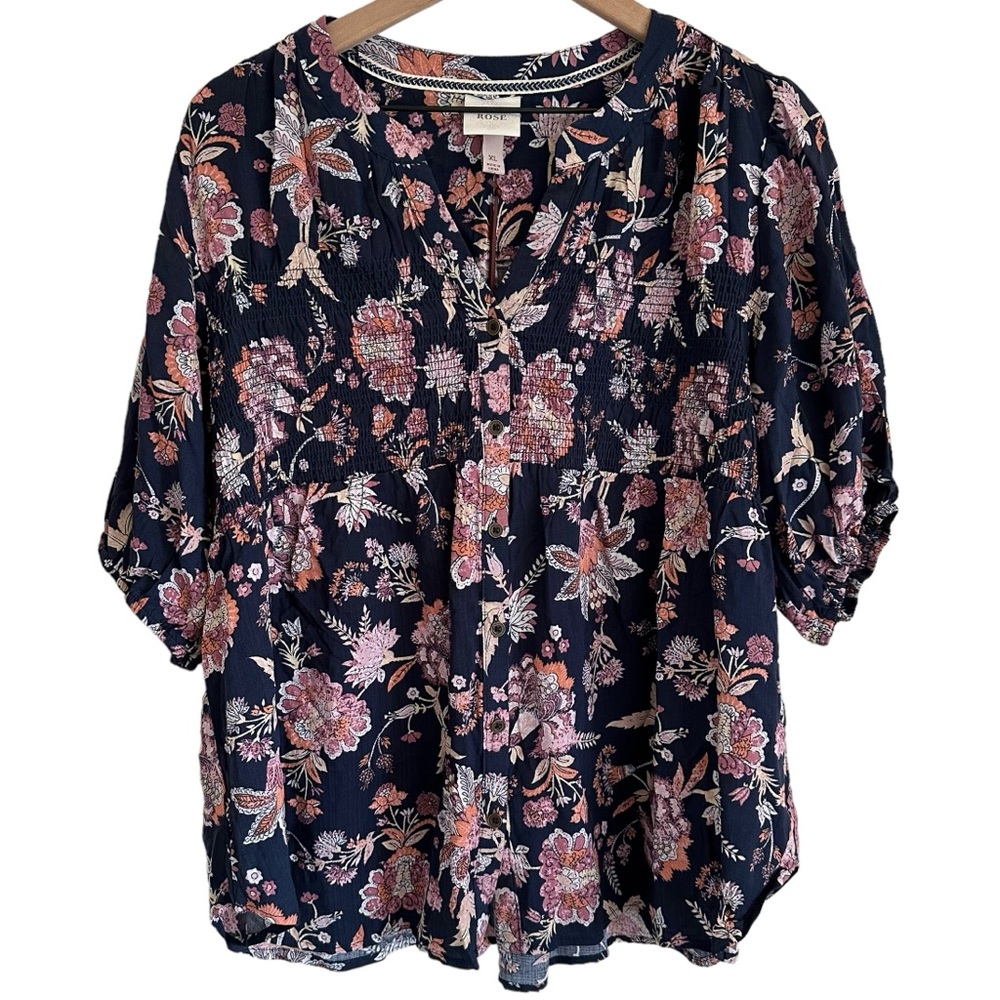 Knox Rose Floral Smocked Blouse Navy Pink Coral Buttons Women’s XL NEW